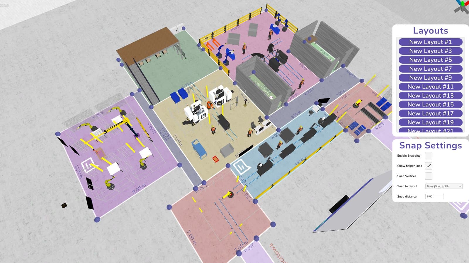 Plant layout with colored areas, machines and operators in DBR77 Digital Twin Layout Mode