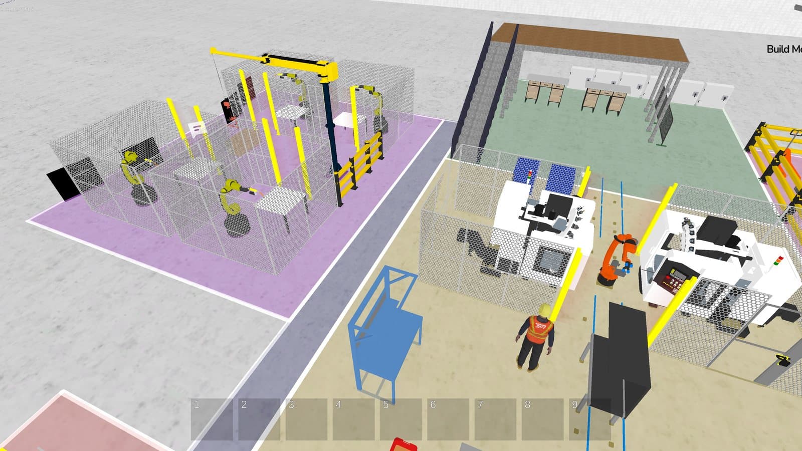 Robot cells, a gantry and operators in an automated area modeled in DBR77 Digital Twin