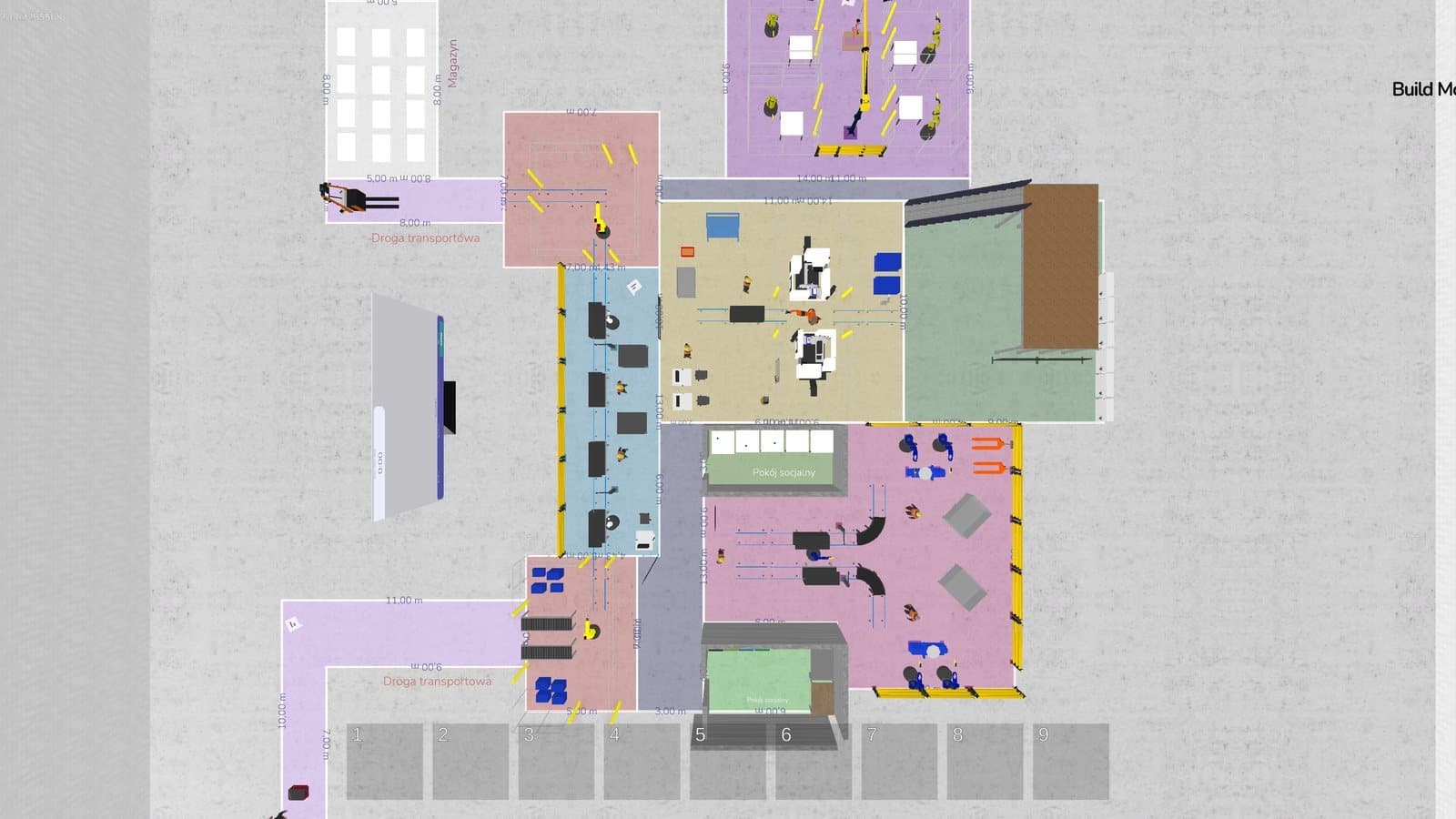 Top view of a plant layout with departments, machines and racks in DBR77 Digital Twin
