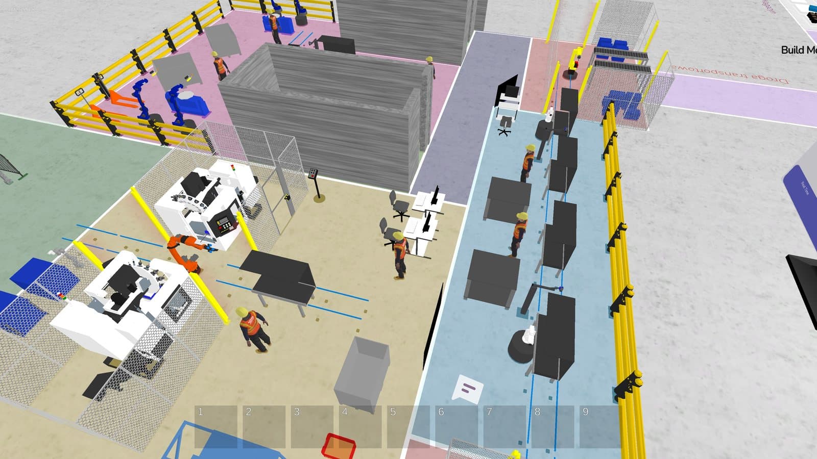 Production line with machines, operators and buffers modeled in DBR77 Digital Twin