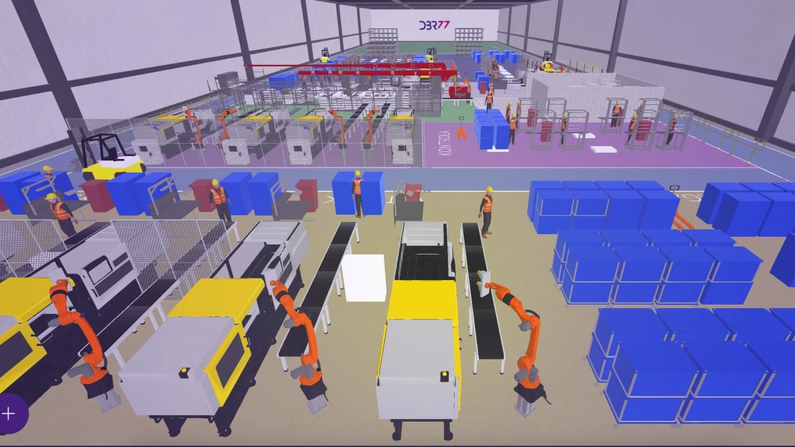 Production area with bins, machines, robots and forklifts in DBR77 Digital Twin